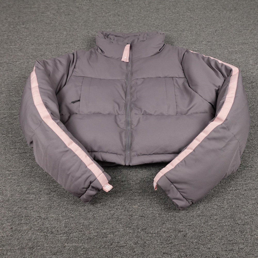 Gymshark Cropped Puffer Jacket Womens Small Gray Pink Stripe Full Zip Insulated